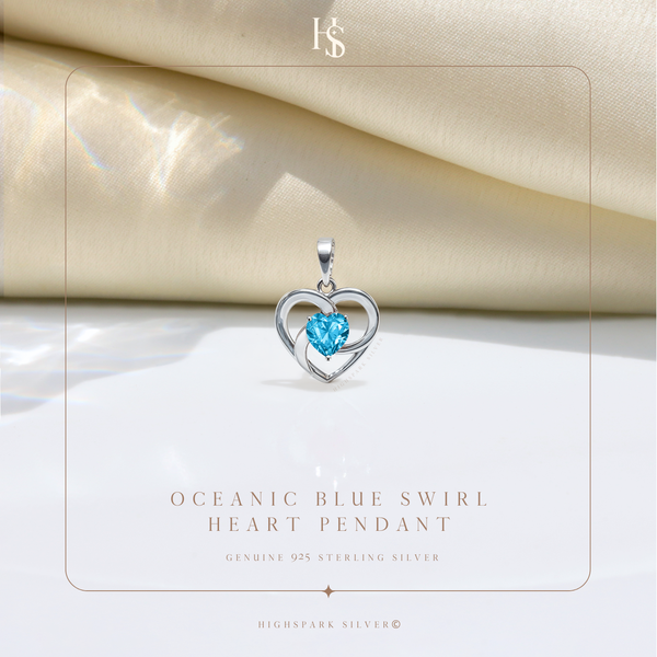 Oceanic Blue Swirl Heart Pendant in 925 Sterling Silver for Women with Brilliance Sparkling Zirconia