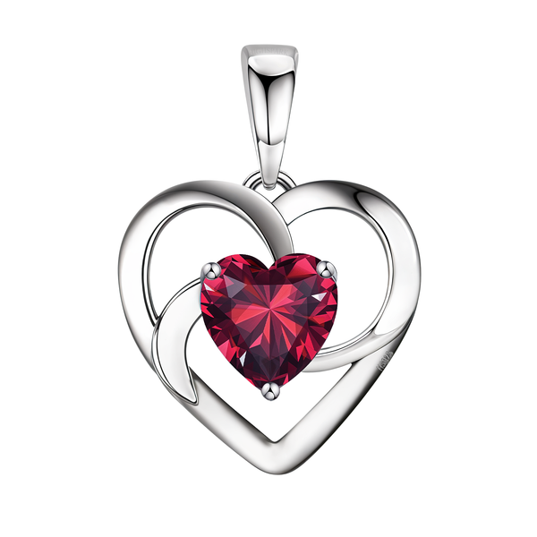 A sterling silver heart pendant with a swirling openwork frame holds a prong-set, heart-shaped red American diamond.