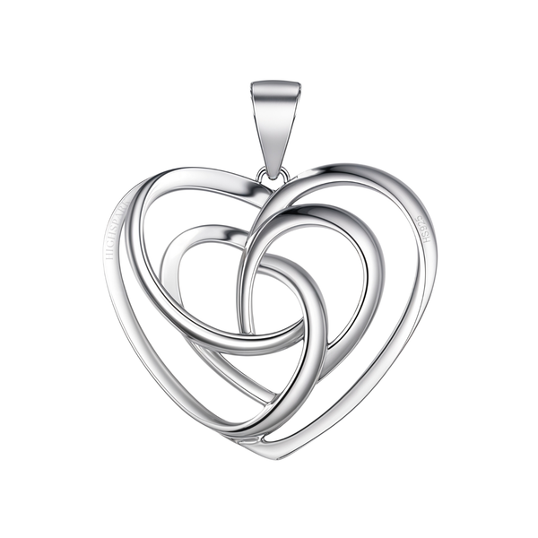 A silver pendant for women featuring a heart-shaped frame with an interwoven Celtic knot design, crafted from polished sterling silver.