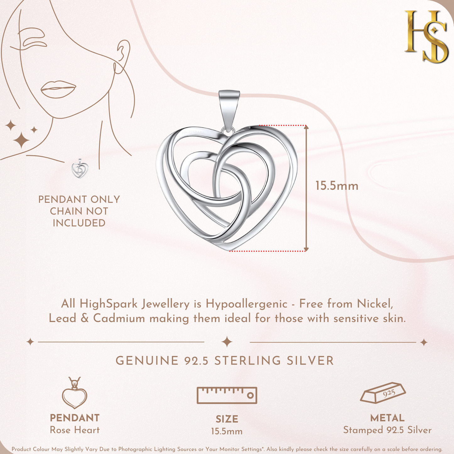 Romantic Rose Heart Pendant  in 925 Sterling Silver for Women