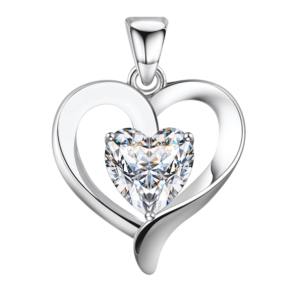 A heart-shaped solitaire pendant with a large, heart-cut American diamond held in a three-prong setting within a sterling silver open heart.