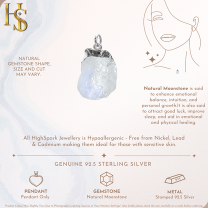 Natural Raw Gemstone Moonstone Rough Cut Pendant in 92.5 Sterling Silver
