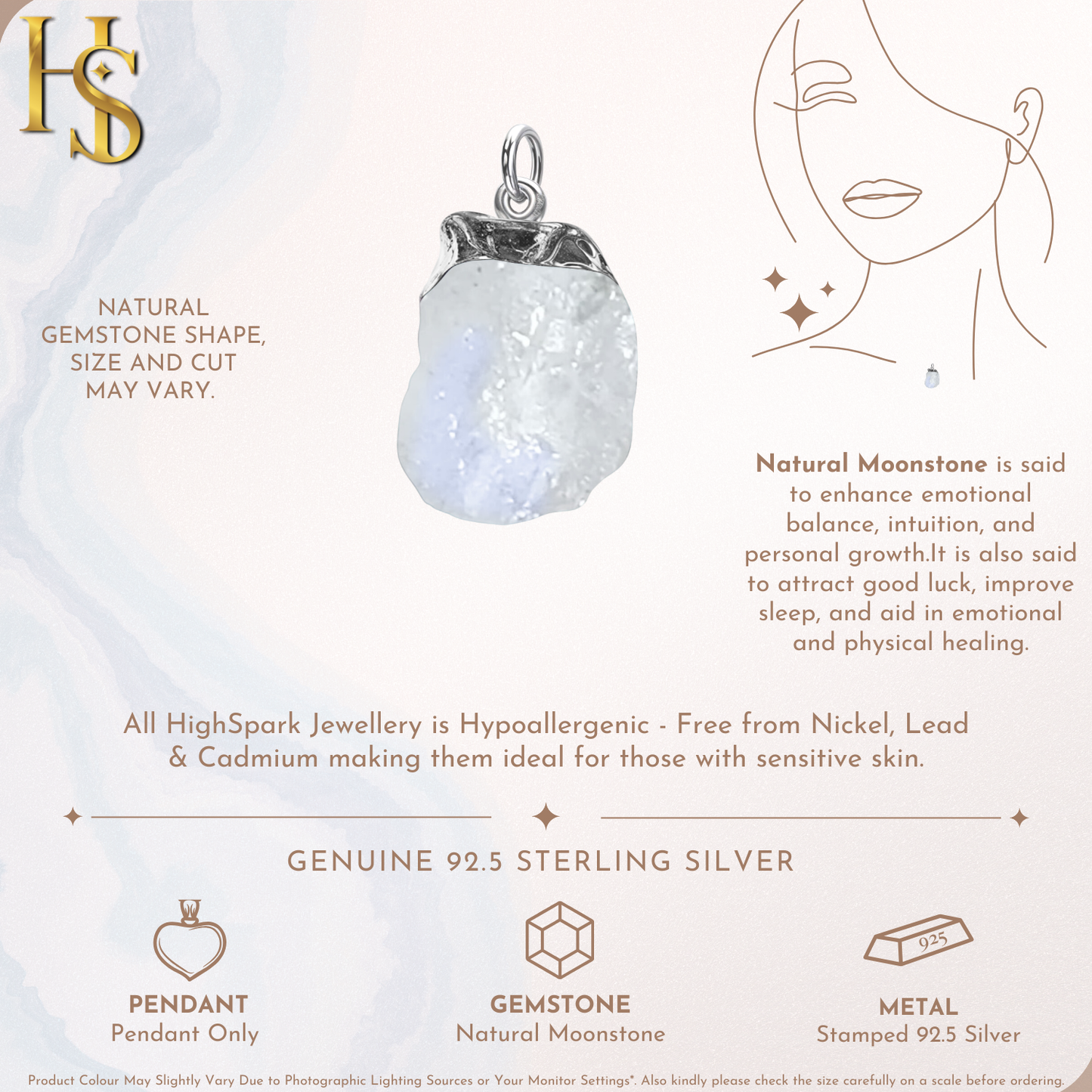 Natural Raw Gemstone Moonstone Rough Cut Pendant in 92.5 Sterling Silver