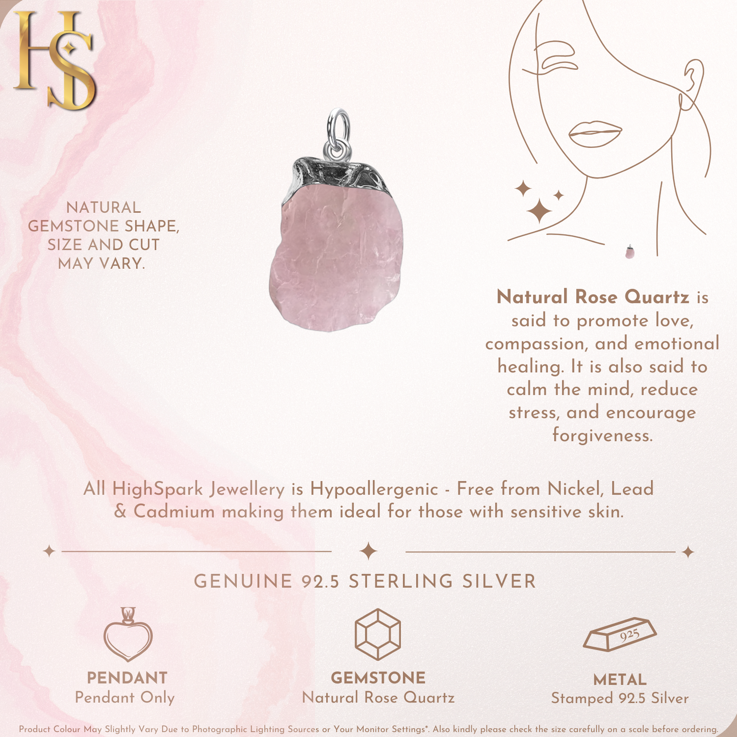 Natural Raw Gemstone Rose Quartz Rough Cut Pendant in 92.5 Sterling Silver