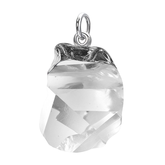 Natural Raw Gemstone Clear Quartz Rough Cut Pendant in 92.5 Sterling Silver