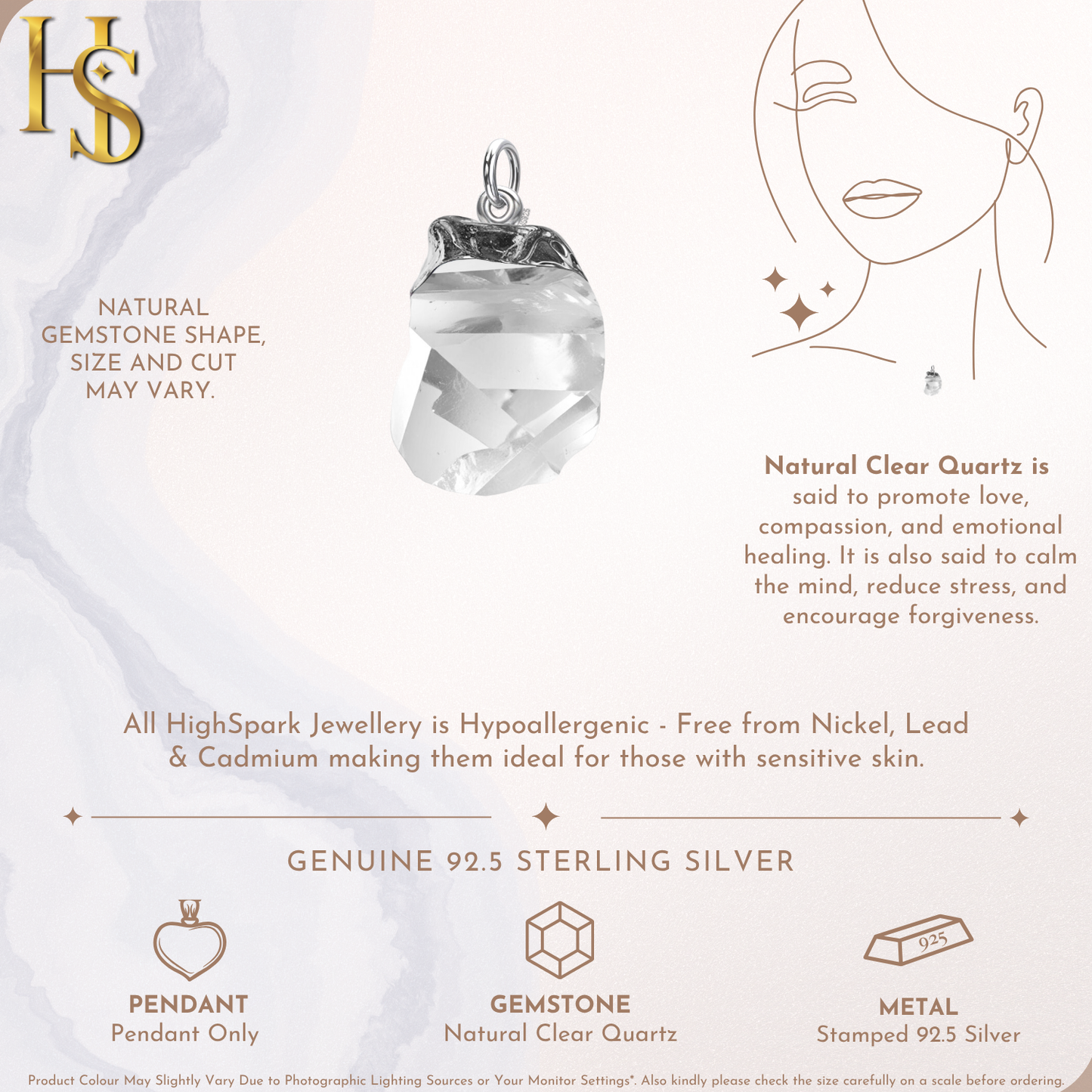 Natural Raw Gemstone Clear Quartz Rough Cut Pendant in 92.5 Sterling Silver