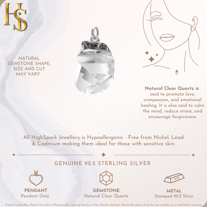 Natural Raw Gemstone Clear Quartz Rough Cut Pendant in 92.5 Sterling Silver