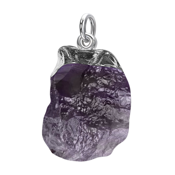 A sterling silver pendant featuring a raw, rough-cut purple amethyst gemstone held in a polished cap setting on a white background.