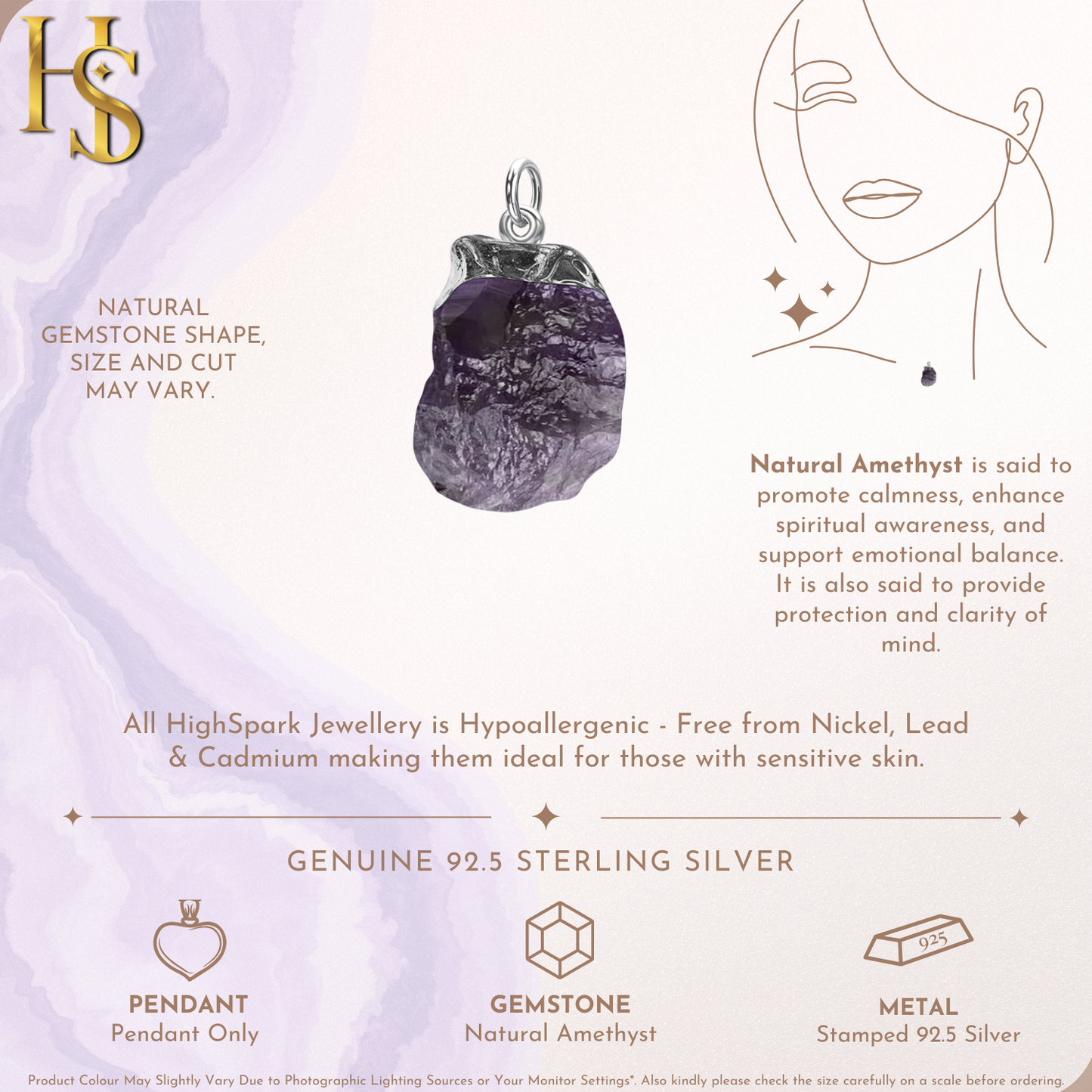 Natural Raw Gemstone Amethyst Rough Cut Pendant in 92.5 Sterling Silver