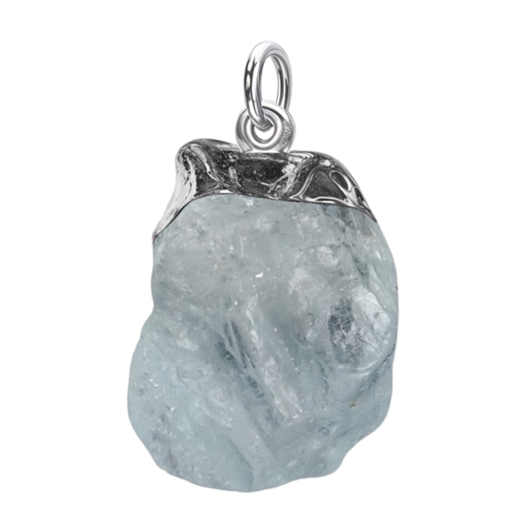 A sterling silver pendant featuring a rough-cut, natural aquamarine gemstone in a cap setting, shown on a white background.