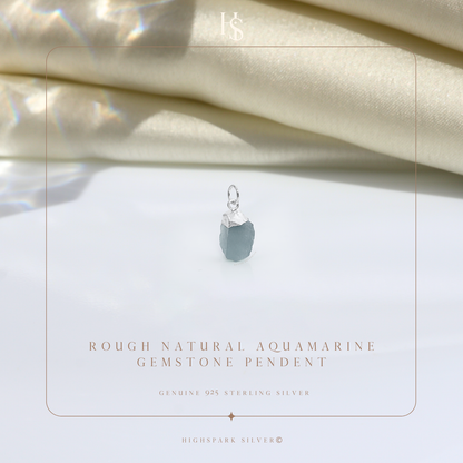 Natural Raw Gemstone Aquamarine Rough Cut Pendant in 92.5 Sterling Silver