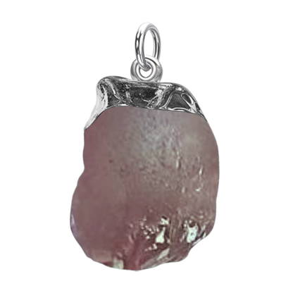 Natural Raw Gemstone Strawberry Quartz Rough Cut Pendant in 92.5 Sterling Silver