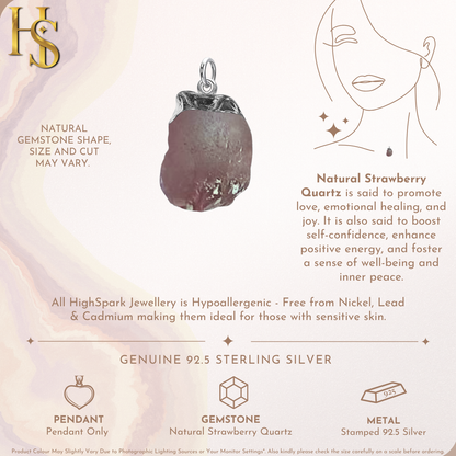 Natural Raw Gemstone Strawberry Quartz Rough Cut Pendant in 92.5 Sterling Silver
