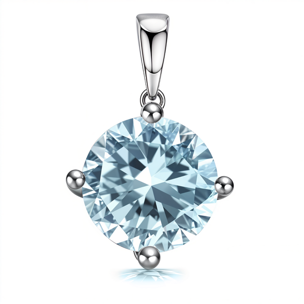 A sterling silver pendant with a large, round, brilliant-cut aquamarine-colored stone held in a four-prong setting on a white background.