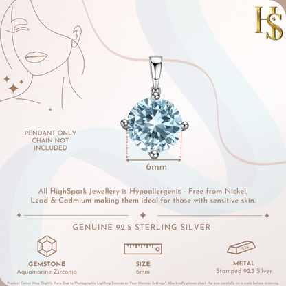 Aquamarine Zirconia Birthstone Pendant With Chain in 925 Sterling Silver For Women