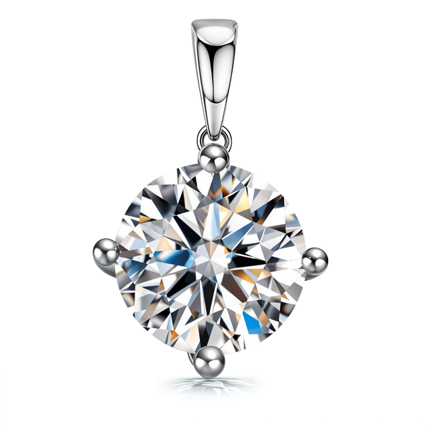 A solitaire pendant with a large, round-cut American diamond in a four-prong setting, made of sterling silver on a white background.