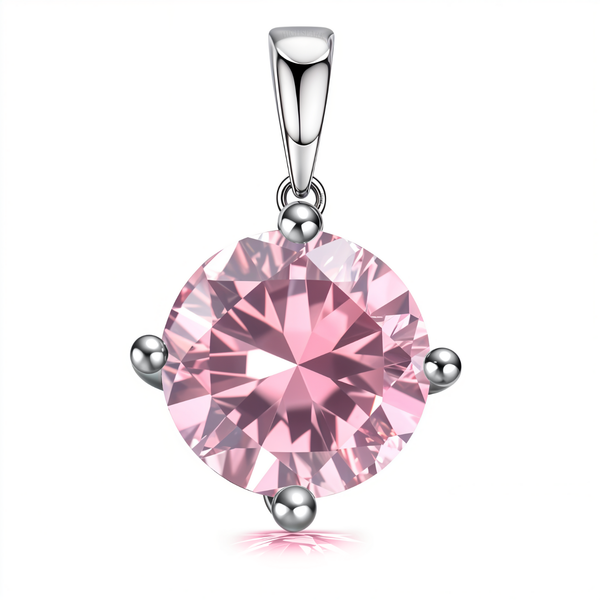 A sterling silver pendant featuring a large, round-cut pink tourmaline stone held in a four-prong setting, shown on a white background.
