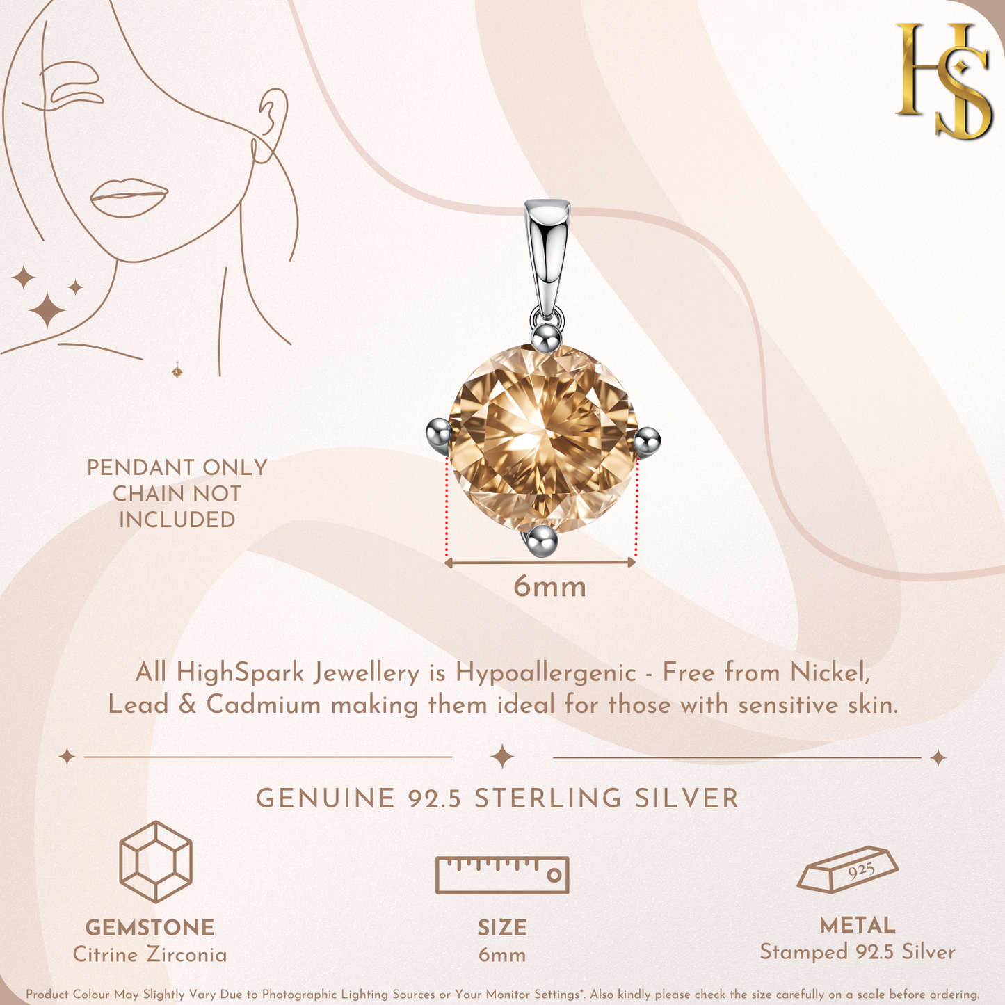 Citrine Zirconia Birthstone Pendant With Chain in 925 Sterling Silver For Women