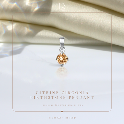 Citrine Zirconia Birthstone Pendant With Chain in 925 Sterling Silver For Women