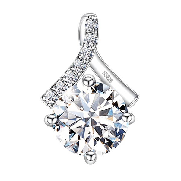 A sterling silver pendant with a large, round American diamond solitaire in a four-prong setting and a twisted bail with pavé accents.