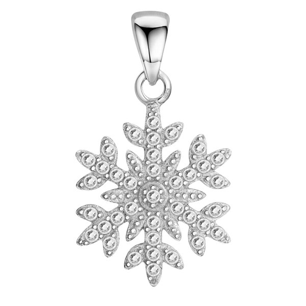 A sterling silver pendant in a snowflake shape, pavé-set with dozens of small, round American diamonds, shown on a white background.