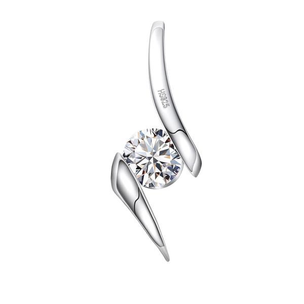 A modern bypass pendant with a round American diamond solitaire in a tension setting, crafted from sterling silver on a white background.