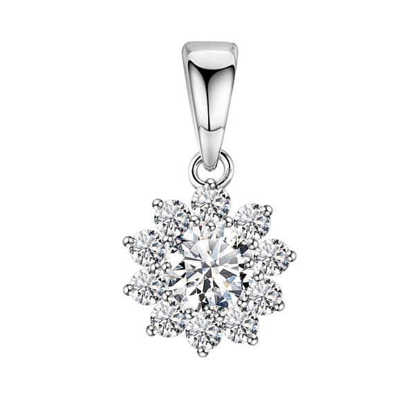 A sterling silver pendant in a flower shape with a central American diamond surrounded by a halo of smaller stones on a white background.