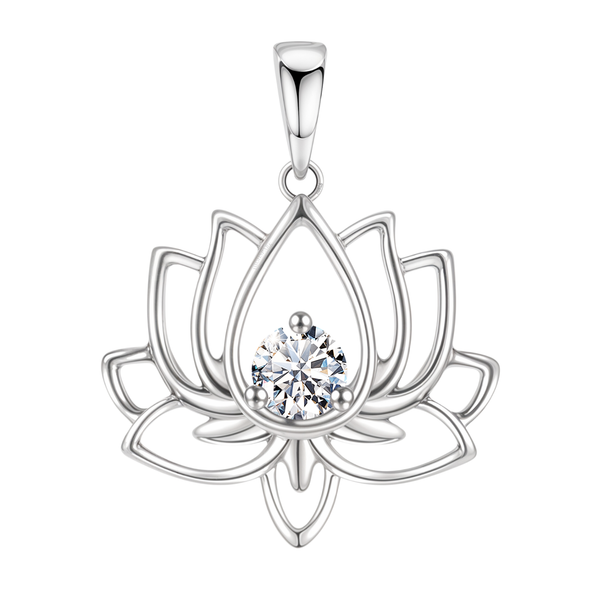 A sterling silver pendant in a lotus flower shape with a round American diamond solitaire in a three-prong setting at its center.