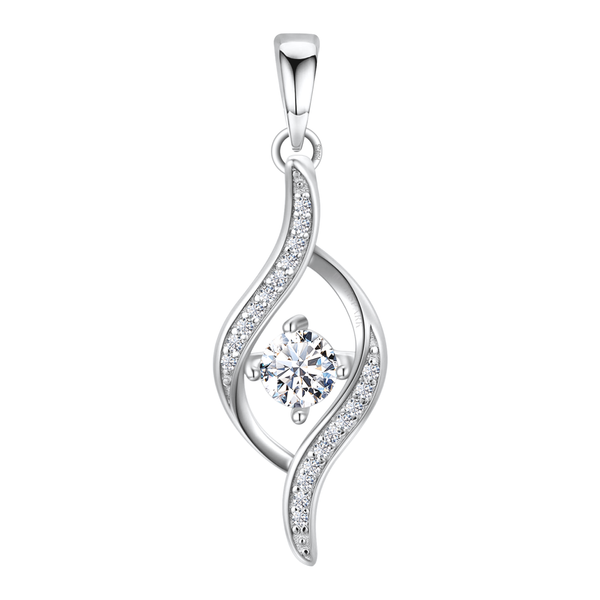 A sterling silver pendant with two swirling ribbons of pavé American diamonds framing a central four-prong solitaire, on a white background.