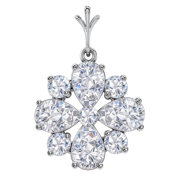 A sterling silver pendant in a floral snowflake design, featuring pear and round-cut American diamonds in a prong setting on a white.