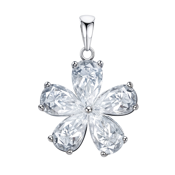 A plumeria flower pendant made of five pear-cut American diamonds in a prong setting with a sterling silver finish on a white background.