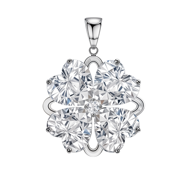 A sterling silver pendant shaped like a four-leaf clover with four heart-cut American diamonds and a small round center stone.