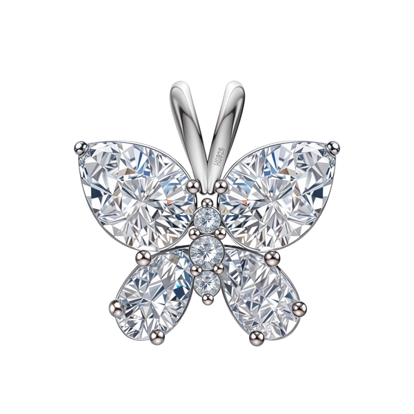 A butterfly pendant with marquise and round-cut American diamonds in a prong setting, crafted from sterling silver on a white background.
