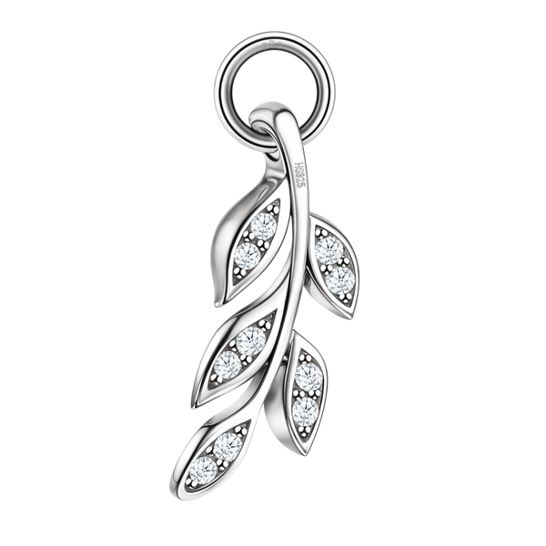 A sterling silver pendant charm designed as a leafy vine with marquise-shaped leaves set with sparkling American diamonds on a white.