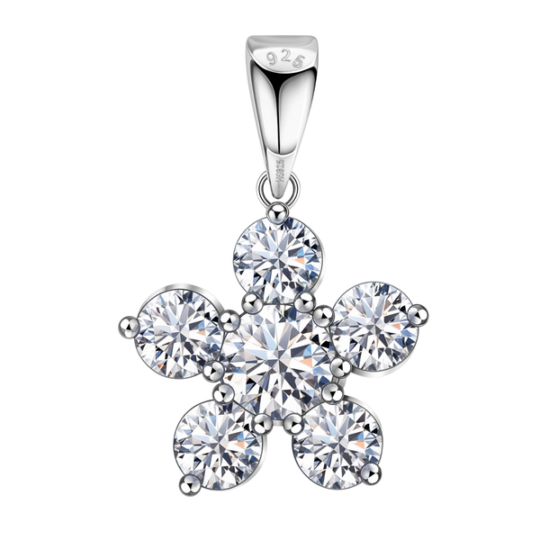 A sterling silver pendant in a floral cluster design with six round American diamonds in a prong setting on a plain white background.