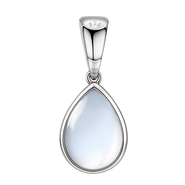 A teardrop pendant with a bezel-set rainbow moonstone cabochon and a polished sterling silver bail, shown on a white background.