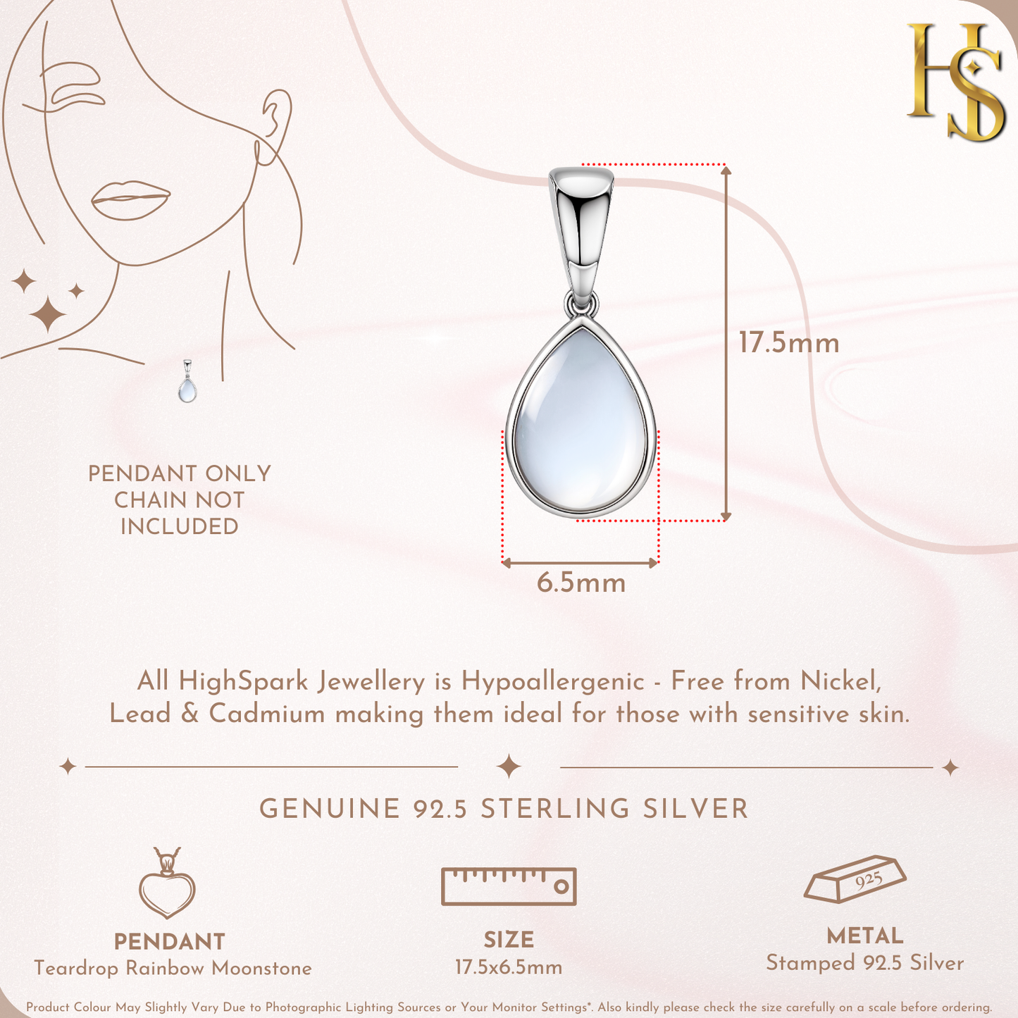 Teardrop Rainbow Moonstone Pendant in 92.5 Sterling Silver For Women