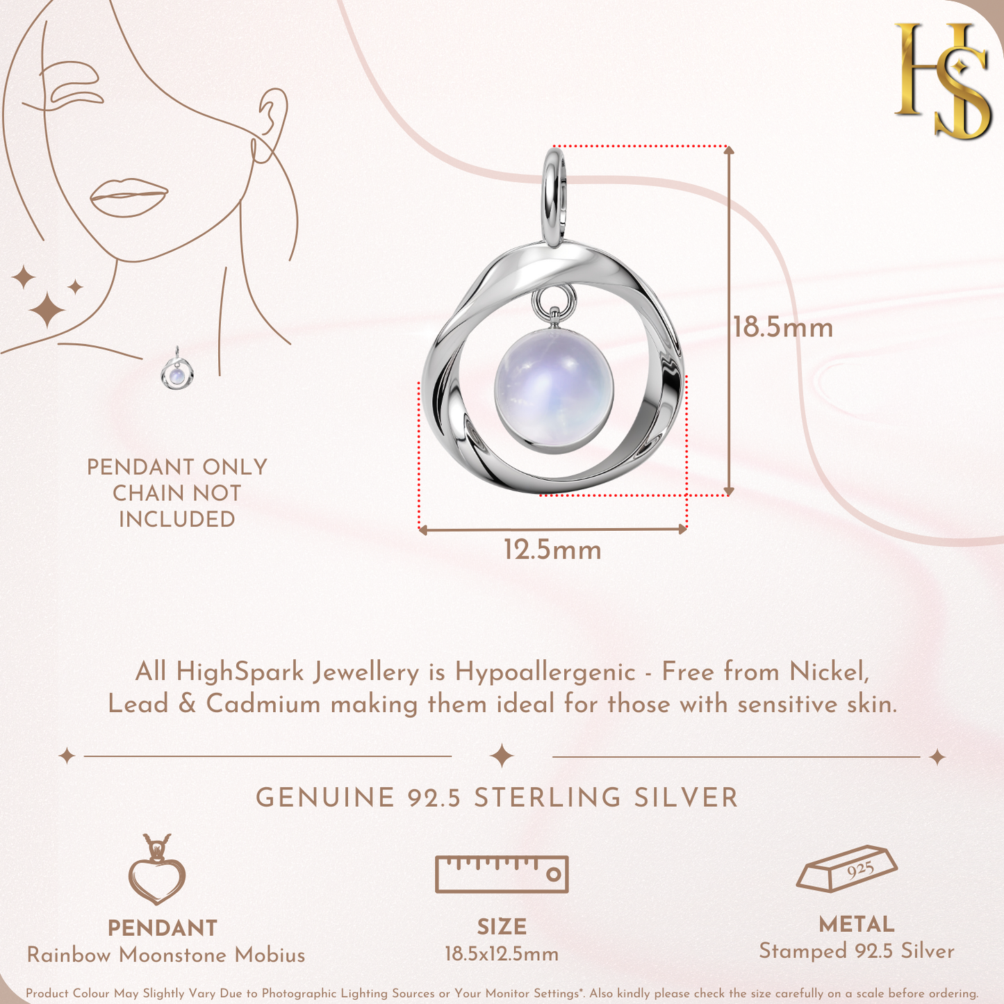 Rainbow Moonstone Infinite Mobius Pendant in 92.5 Sterling Silver For Women