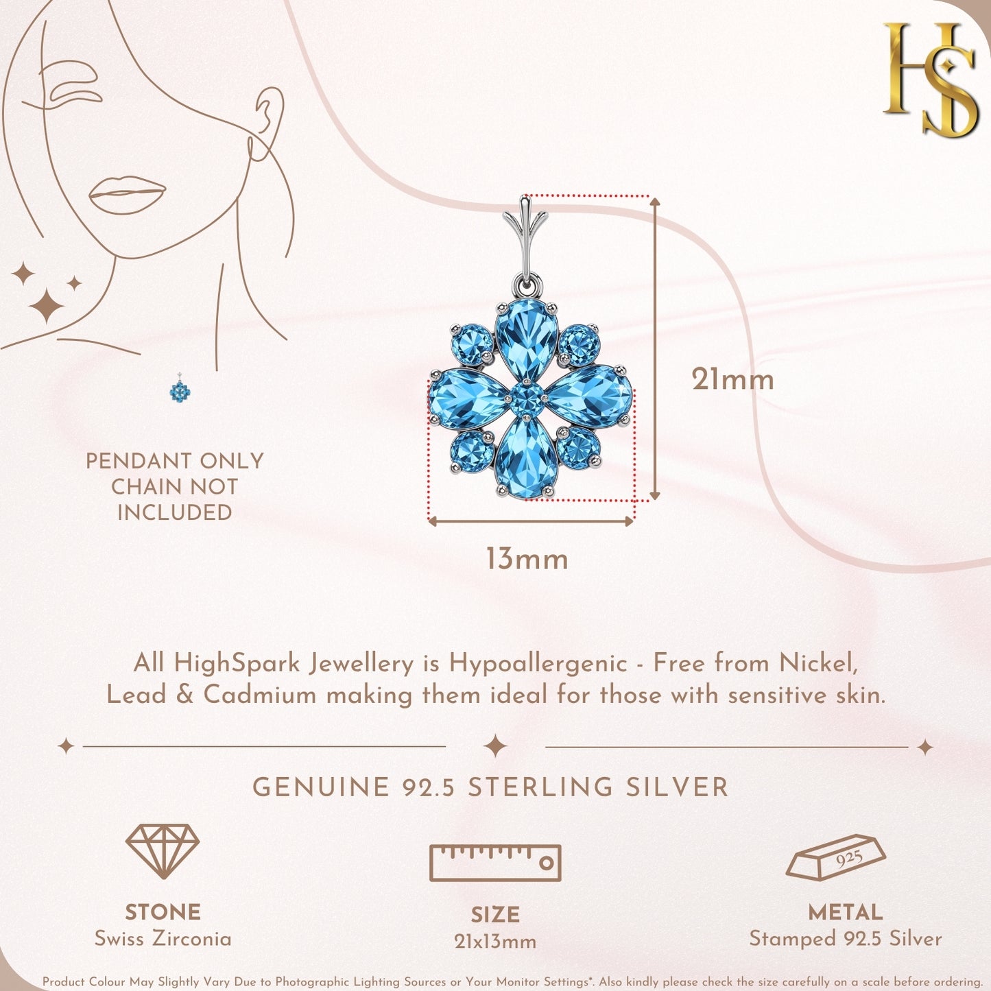 Glacial Glitter Blue Snowflake Solitaire Pendant With Chain in 925 Sterling Silver For Women