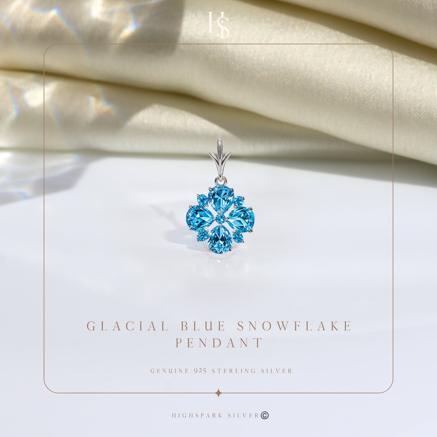Glacial Glitter Blue Snowflake Solitaire Pendant With Chain in 925 Sterling Silver For Women