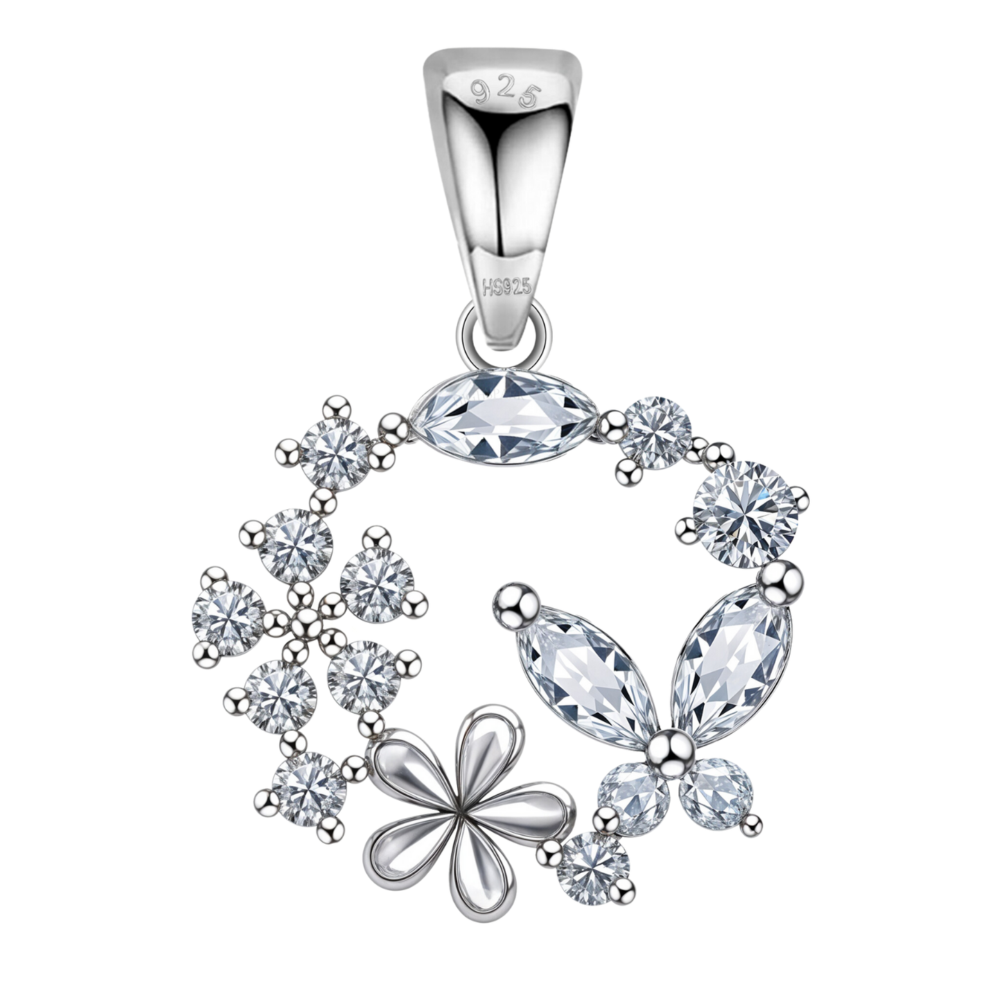 Butterfly Flower Wreath Solitaire Pendant in 92.5 Sterling Silver With Diamond like Brilliance Sparkling Zirconia