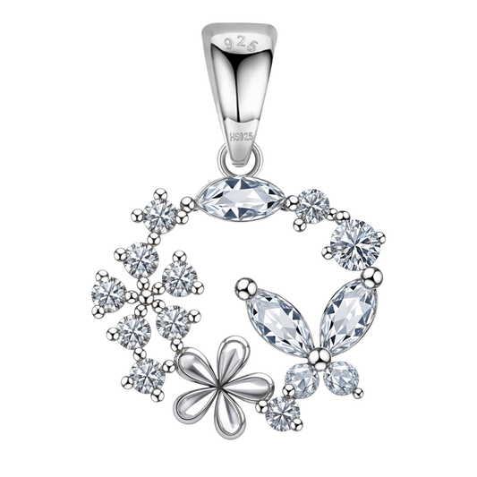 Butterfly Flower Wreath Solitaire Pendant in 92.5 Sterling Silver With Diamond like Brilliance Sparkling Zirconia