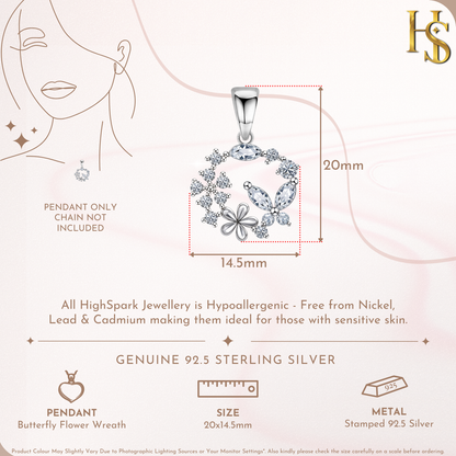 Butterfly Flower Wreath Solitaire Pendant in 92.5 Sterling Silver With Diamond like Brilliance Sparkling Zirconia