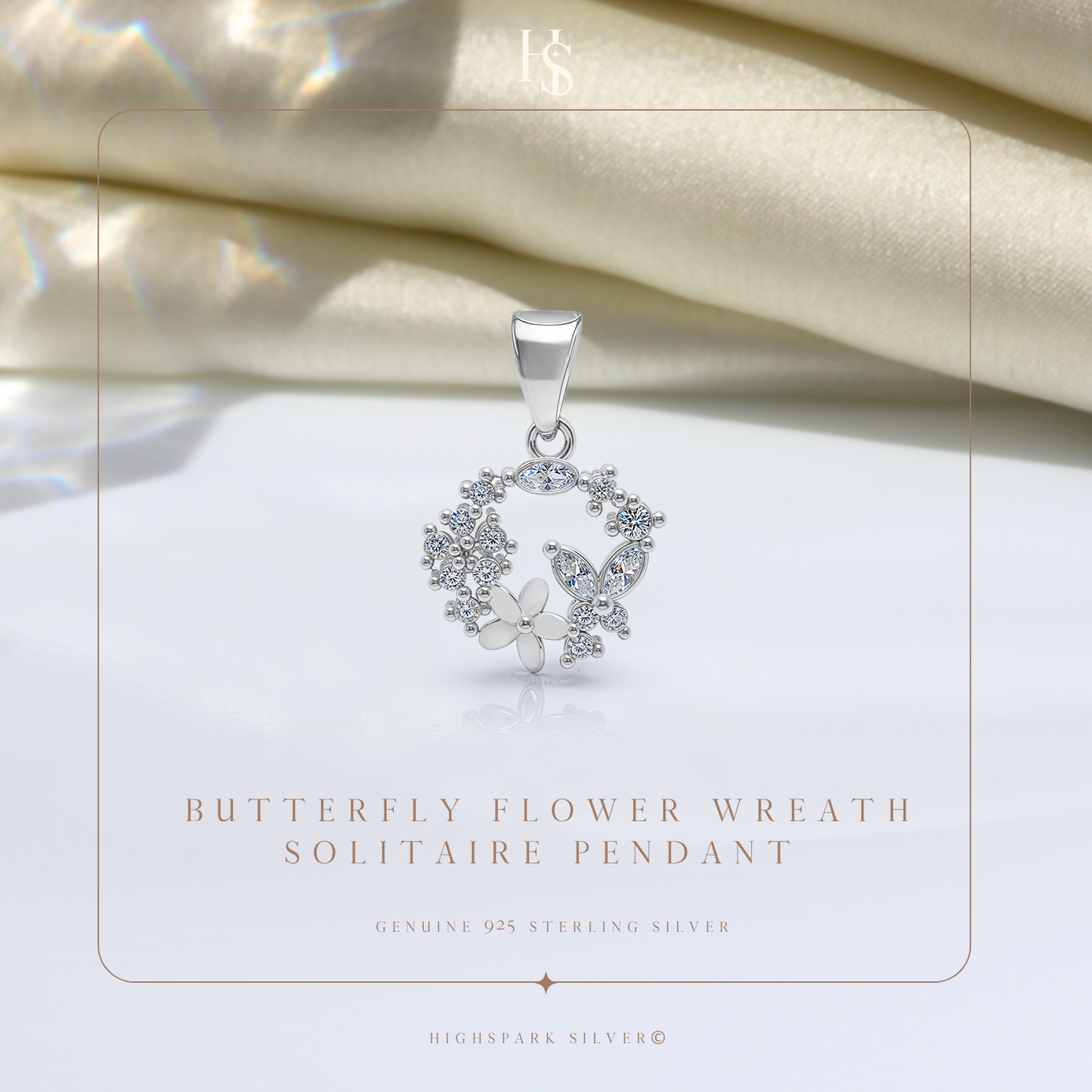 Butterfly Flower Wreath Solitaire Pendant in 92.5 Sterling Silver With Diamond like Brilliance Sparkling Zirconia