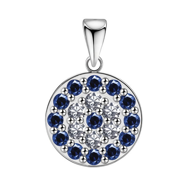 A round evil eye pendant with a central cluster of American diamonds circled by dark blue stones in a sterling silver bezel setting.
