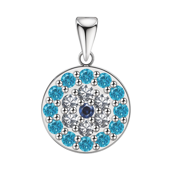 A round evil eye pendant with a central blue stone, a halo of American diamonds, and an outer ring of light blue stones in sterling silver.