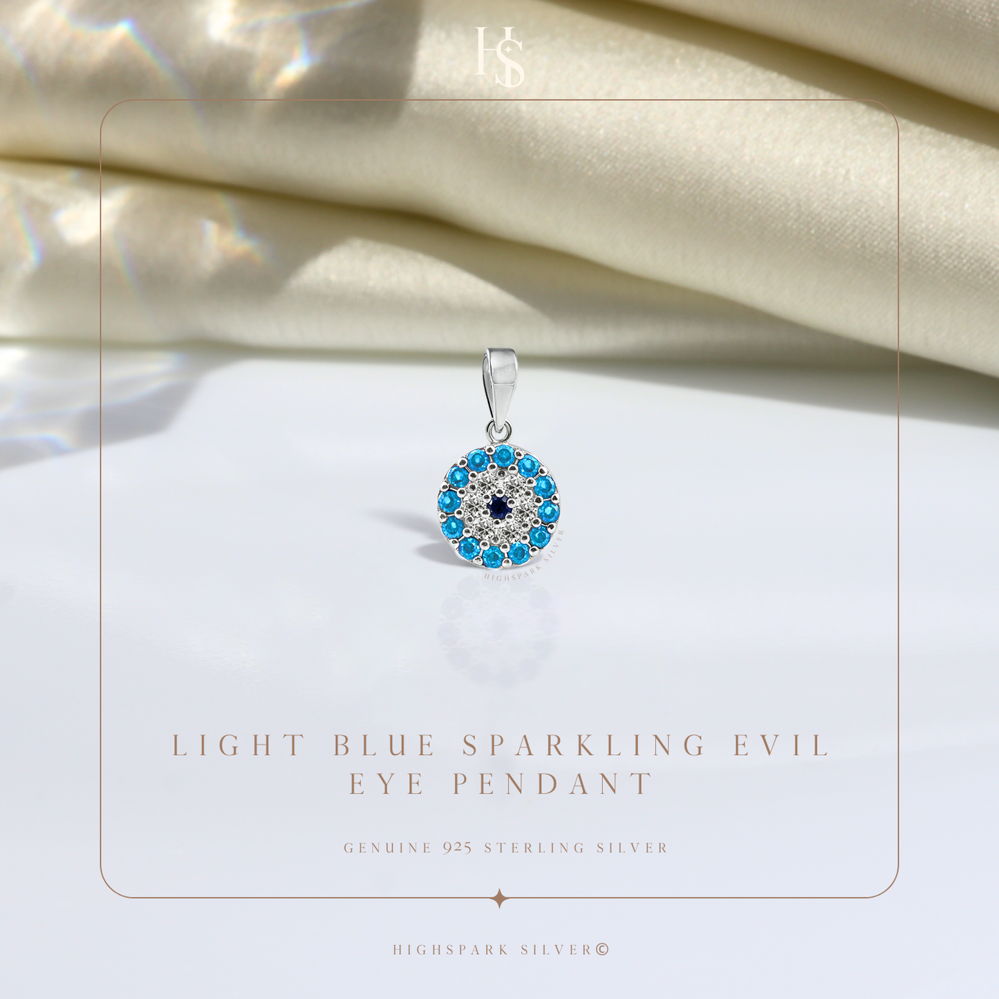 Light Blue Sparkling Evil Eye Pendant With Chain in 925 Sterling Silver For Women