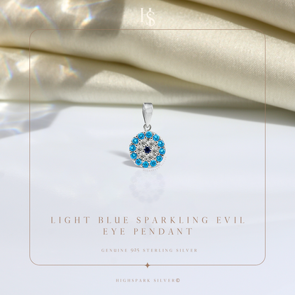 Light Blue Sparkling Evil Eye Pendant With Chain in 925 Sterling Silver For Women