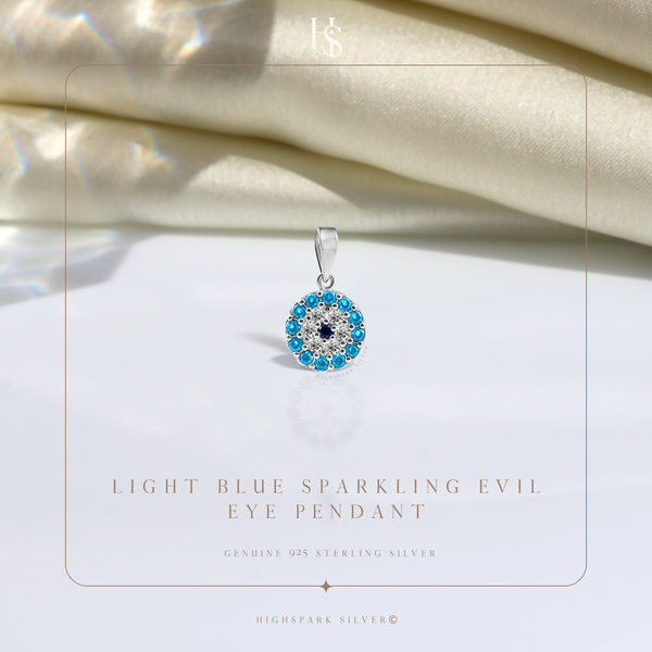 Light Blue Sparkling Evil Eye Pendant With Chain in 925 Sterling Silver For Women