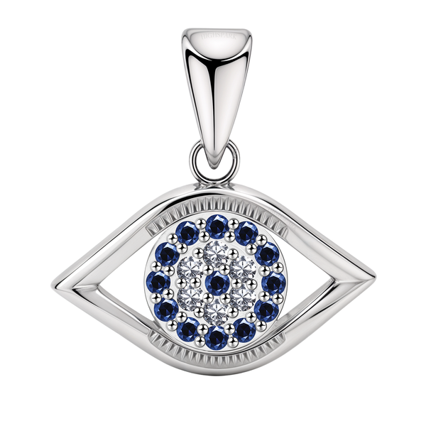 An evil eye pendant in sterling silver with a central cluster of American diamonds surrounded by a halo of blue stones on a white.